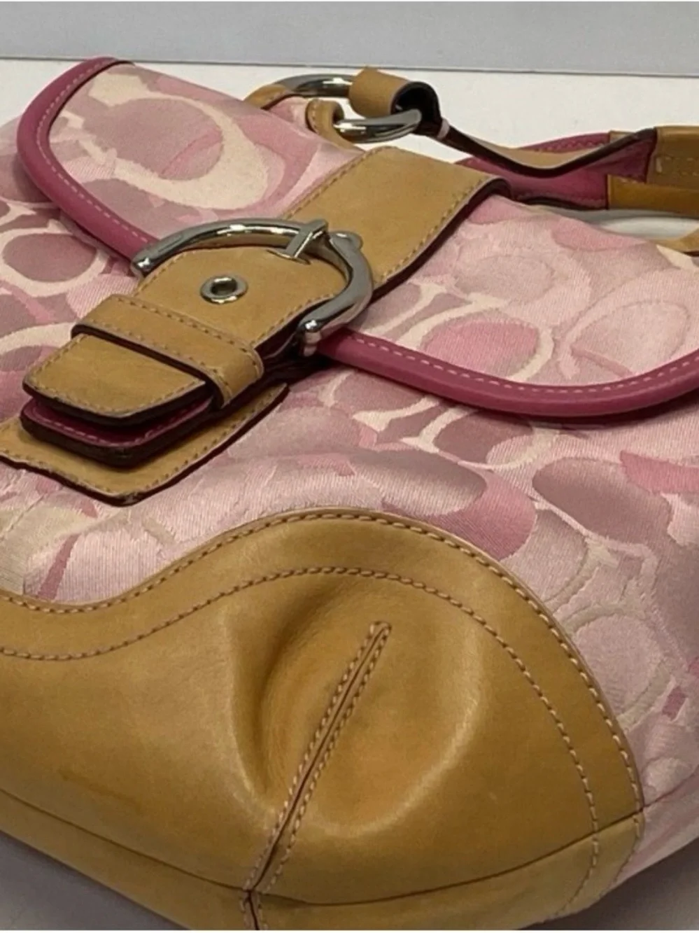 VINTAGE Y2K Coach Pink Signature Canvas Satchel with Tan Leather Trim